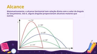 Alcance
Matematicamente, o alcance horizontal tem relação direta com o valor do ângulo
de lançamento, isto é, alguns ângulos proporcionam alcances maiores que
outros.
 