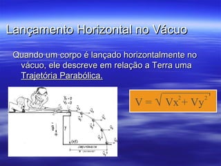Lançamento Horizontal no VácuoLançamento Horizontal no Vácuo
Quando um corpo é lançado horizontalmente noQuando um corpo é lançado horizontalmente no
vácuo, ele descreve em relação a Terra umavácuo, ele descreve em relação a Terra uma
Trajetória Parabólica.Trajetória Parabólica.
V = √ Vx + Vy
2 2
 