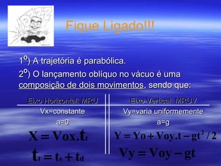 Fique Ligado!!!
11ºº) A trajetória é parabólica.) A trajetória é parabólica.
22ºº) O lançamento oblíquo no vácuo é uma) O lançamento oblíquo no vácuo é uma
composição de dois movimentoscomposição de dois movimentos, sendo que:, sendo que:
Eixo Horizontal: MRUEixo Horizontal: MRU
Vx=constanteVx=constante
a=0a=0
Eixo Vertical: MRUVEixo Vertical: MRUV
Vy=varia uniformementeVy=varia uniformemente
a=ga=g
dst ttt +=
2/gtt.VoyYoY 2
−+=
gtVoyVy −=
tt.VoxX =
 