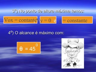 33ºº) No ponto de altura máxima temos:) No ponto de altura máxima temos:
Vox = contante, Vy = 0 e g = constante
44ºº) O alcance é máximo com:) O alcance é máximo com:
θ = 45
0
 