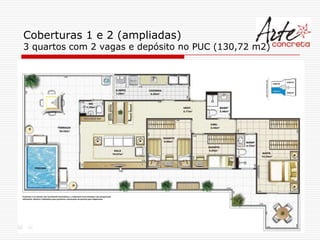 Coberturas 1 e 2 (ampliadas)
3 quartos com 2 vagas e depósito no PUC (130,72 m2)
 