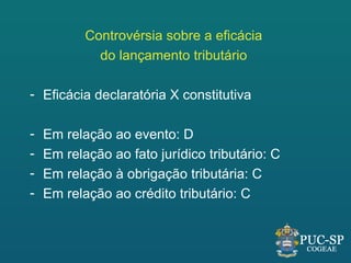 Controvérsia sobre a eficácia
             do lançamento tributário

- Eficácia declaratória X constitutiva

-   Em relação ao evento: D
-   Em relação ao fato jurídico tributário: C
-   Em relação à obrigação tributária: C
-   Em relação ao crédito tributário: C
 