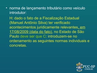 • norma de lançamento tributário como veículo
  introdutor:
  H: dado o fato de a Fiscalização Estadual
  (Manuel Antônio Silva) ter verificado
  acontecimentos juridicamente relevantes, em
  17/08/2009 (data do fato), no Estado de São
  Paulo deve ser que C: introduzem-se no
  ordenamento as seguintes normas individuais e
  concretas.
 