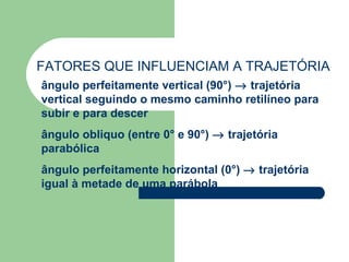 FATORES QUE INFLUENCIAM A TRAJETÓRIA ângulo perfeitamente vertical (90°)    trajetória vertical seguindo o mesmo caminho retilíneo para subir e para descer ângulo obliquo (entre 0° e 90°)    trajetória parabólica ângulo perfeitamente horizontal (0°)    trajetória igual à metade de uma parábola 