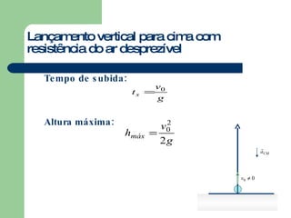 Lançamento vertical para cima com resistência do ar desprezível Tempo de subida: Altura máxima: 