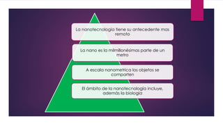 La nanotecnología tiene su antecedente mas
remoto
La nano es la milmillonésimas parte de un
metro
A escala nanometrica los objetos se
comparten
El ámbito de la nanotecnología incluye,
además la biologia
