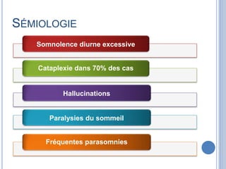 SÉMIOLOGIE
Somnolence diurne excessive
Cataplexie dans 70% des cas
Hallucinations
Paralysies du sommeil
Fréquentes parasomnies
 