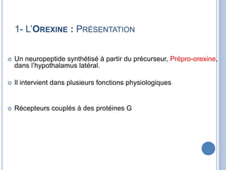 1- L’OREXINE : PRÉSENTATION
 Un neuropeptide synthétisé à partir du précurseur, Prépro-orexine,
dans l’hypothalamus latéral.
 Il intervient dans plusieurs fonctions physiologiques
 Récepteurs couplés à des protéines G
 