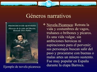 Géneros narrativos


Ejemplo de novela picaresca

Novela Picaresca: Retrata la
vida y costumbres de vagos,
truhanes o bribones y pícaros.
Es una vida vulgar, sin
ambiciones heroicas ni
aspiraciones para el porvenir;
sus personajes buscan salir del
paso y procurarse con buenas o
malas artes un mísero sustento.
Fue muy popular en España
durante la etapa Barroca.

 