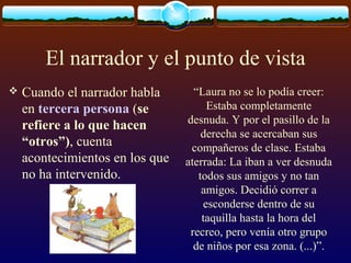 El narrador y el punto de vista


Cuando el narrador habla
en tercera persona (se
refiere a lo que hacen
“otros”), cuenta
acontecimientos en los que
no ha intervenido.

“Laura no se lo podía creer:
Estaba completamente
desnuda. Y por el pasillo de la
derecha se acercaban sus
compañeros de clase. Estaba
aterrada: La iban a ver desnuda
todos sus amigos y no tan
amigos. Decidió correr a
esconderse dentro de su
taquilla hasta la hora del
recreo, pero venía otro grupo
de niños por esa zona. (...)”.

 