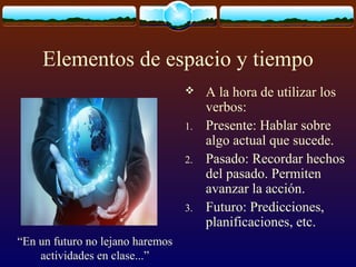 Elementos de espacio y tiempo

1.
2.

3.

“En un futuro no lejano haremos
actividades en clase...”

A la hora de utilizar los
verbos:
Presente: Hablar sobre
algo actual que sucede.
Pasado: Recordar hechos
del pasado. Permiten
avanzar la acción.
Futuro: Predicciones,
planificaciones, etc.

 
