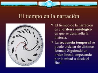 El tiempo en la narración
El tiempo de la narración
es el orden cronológico
en que se desarrolla la
historia.
 La secuencia temporal se
puede ordenar de distintas
formas: Siguiendo un
orden lineal, empezando
por la mitad o desde el
final.


 