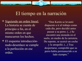 El tiempo en la narración
Siguiendo un orden lineal:
La historia se cuenta de
principio a fin, en el
mismo orden en que
transcurren los hechos.
 El esquema introducciónnudo-desenlace se cumple
a la perfección en ese
orden.


“Don Karim se levantó
dispuesto a ir al trabajo como
cada día, pero decidió antes
pasear a su perro. (...) Se
encontró una moneda en el
suelo, en medio de la carretera.
De repente, se acercó un coche
y le atropelló. (...) Tras
despertarse, comprobó que su
perro había permanecido a su
lado siempre.”

 