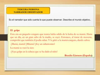 TERCERA PERSONA
NARRADOR OBSERVADOR
Es el narrador que solo cuenta lo que puede observar. Describe el mundo objetivo..
El golpe
Esto era un pequeño canguro que nunca había salido de la bolsa de su mamá. Hasta
que un día, en un gran salto de la madre, se cayó. Entonces, al tratar de moverse,
comprobó que también él podía saltar. Y le gritó a la mamá-canguro, dando saltos:
-¡Mamá, mamá! ¡Mírame! ¡Soy un saltamontes!
La mamá se tocó la sien:
-¡Vaya golpe en la cabeza que se ha dado el niño!
Braulio Llamero (España)
 