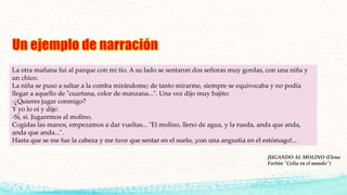 La otra mañana fui al parque con mi tío. A su lado se sentaron dos señoras muy gordas, con una niña y
un chico.
La niña se puso a saltar a la comba mirándome; de tanto mirarme, siempre se equivocaba y no podía
llegar a aquello de "cuartana, color de manzana...". Una vez dijo muy bajito:
-¿Quieres jugar conmigo?
Y yo lo oí y dije:
-Sí, sí. Jugaremos al molino.
Cogidas las manos, empezamos a dar vueltas... "El molino, lleno de agua, y la rueda, anda que anda,
anda que anda...".
Hasta que se me fue la cabeza y me tuve que sentar en el suelo, ¡con una angustia en el estómago!...
JUGANDO AL MOLINO (Elena
Fortún "Celia en el mundo")
 