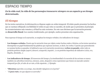 En la vida real, la vida de los personajes transcurre siempre en un espacio y un tiempo
determinado.
El tiempo
En los textos narrativos, la información se dispone según un orden temporal. El relato puede presentar los hechos
que se cuentan reflejando con fidelidad el orden en que estos se suceden, de modo que se presenten al principio
los acontecimientos más remotos y al final los más recientes. En este caso decimos que la narración presenta
un desarrollo lineal. Los cuentos tradicionales, por ejemplo, suelen presentar esta organización.
Para expresar el tiempo en la narración, se emplean los tiempos verbales y los indicadores de tiempo:
• Los tiempos verbales. Puesto que la narración tiene por objeto contar hechos reales o ficticios, en los textos narrativos
desempeñan un papel fundamental las palabras que expresan acciones, es decir, los verbos. Y puesto que generalmente
se cuentan hechos ya pasados, lo habitual es que en la narración encontremos verbos en pasado, sobre todo en
pretérito perfecto simple (esperó, demoró, compartió, inquietó…) o en pretérito imperfecto de indicativo (vivía, era,
llegaba, detestaba…).
• Los indicadores de tiempo. El transcurso del tiempo y la simultaneidad o la sucesión de las acciones se marca
también con adverbios (mientras, entonces, antes, después) y otras expresiones que tienen un marcado carácter
temporal (por fin, al cabo de un rato, al día siguiente…). Ejemplo:
• “Mientras esperaba a su amigo, Ana decidió refugiarse en el portal.”
• “Al poco rato, vio que alguien se acercaba.”
ESPACIO TIEMPO
 