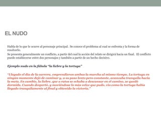 EL NUDO
Habla de lo que le ocurre al personaje principal. Se conoce el problema al cual se enfrenta y la forma de
resolverlo.
Se presenta generalmente un conflicto, a partir del cual la acción del relato se dirigirá hacia un final. El conflicto
puede establecerse entre dos personajes y también a partir de un hecho decisivo.
Ejemplo nudo en la fábula “la liebre y la tortuga”
“Llegado el día de la carrera, emprendieron ambas la marcha al mismo tiempo. La tortuga en
ningún momento dejó de caminar y, a su paso lento pero constante, avanzaba tranquila hacia
la meta. En cambio, la liebre, que a ratos se echaba a descansar en el camino, se quedó
dormida. Cuando despertó, y moviéndose lo más veloz que pudo, vio como la tortuga había
llegado tranquilamente al final y obtenido la victoria.”
 