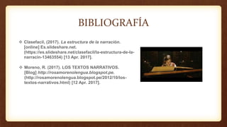 BIBLIOGRAFÍA
 Clasefacil, (2017). La estructura de la narración.
[online] Es.slideshare.net.
(https://es.slideshare.net/clasefacil/la-estructura-de-la-
narracin-13463554) [13 Apr. 2017].
 Moreno, R. (2017). LOS TEXTOS NARRATIVOS.
[Blog] http://rosamorenolengua.blogspot.pe.
(http://rosamorenolengua.blogspot.pe/2012/10/los-
textos-narrativos.html) [12 Apr. 2017].
 