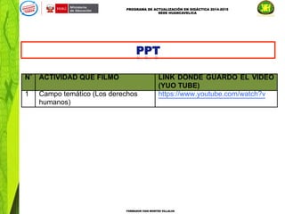 PROGRAMA DE ACTUALIZACIÓN EN DIDÁCTICA 2014-2015
SEDE HUANCAVELICA
FORMADOR IVAN MONTES VILLALVA
N˚ ACTIVIDAD QUE FILMO LINK DONDE GUARDO EL VIDEO
(YUO TUBE)
1 Campo temático (Los derechos
humanos)
https://www.youtube.com/watch?v
!
 