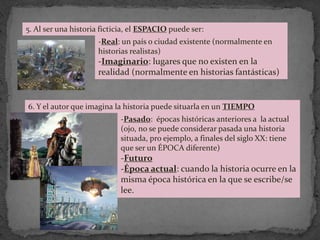 5. Al ser una historia ficticia, el ESPACIO puede ser:
                      -Real: un país o ciudad existente (normalmente en
                      historias realistas)
                      -Imaginario: lugares que no existen en la
                      realidad (normalmente en historias fantásticas)


6. Y el autor que imagina la historia puede situarla en un TIEMPO
                            -Pasado: épocas históricas anteriores a la actual
                            (ojo, no se puede considerar pasada una historia
                            situada, pro ejemplo, a finales del siglo XX: tiene
                            que ser un ÉPOCA diferente)
                            -Futuro
                            -Época actual: cuando la historia ocurre en la
                            misma época histórica en la que se escribe/se
                            lee.
 
