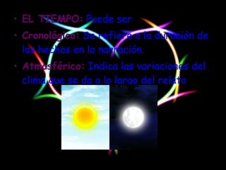 EL TIEMPO:   Puede ser Cronológico:   Se refiere a la duración de los hechos en la narración. Atmosférico:   Indica las variaciones del clima que se da a lo largo del relato . 