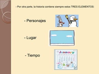 - Por otra parte, la historia contiene siempre estos TRES ELEMENTOS:




       - Personajes



       - Lugar



        - Tiempo
 