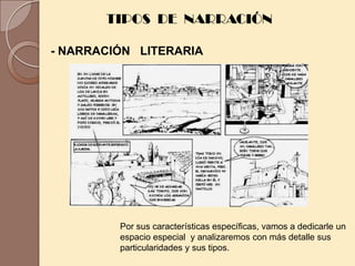 TIPOS DE NARRACIÓN

- NARRACIÓN LITERARIA




         Por sus características específicas, vamos a dedicarle un
         espacio especial y analizaremos con más detalle sus
         particularidades y sus tipos.
 