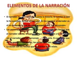 • El narrador es la persona que cuenta la historia. Si cuentas lo que
  te ha sucedido, tú eres el narrador. En los cuentos, el narrador es
  el va contando lo que sucede y presentando a los personajes.
• Los personajes son los seres a los que les ocurren los hechos que
  el narrador cuenta. Si cuentas lo que te ha pasado a ti, además de
  ser el narrador eres un personaje de la historia. Si cuentas lo que
  les ha pasado a tus padres, los personajes son ellos.
• La acción son los hechos que se cuentan en el relato.
 