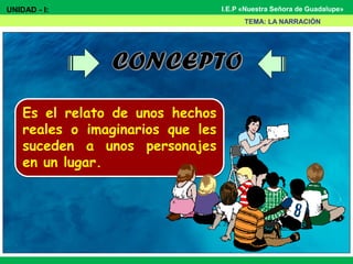 UNIDAD - I: I.E.P «Nuestra Señora de Guadalupe»
Es el relato de unos hechos
reales o imaginarios que les
suceden a unos personajes
en un lugar.
TEMA: LA NARRACIÓN