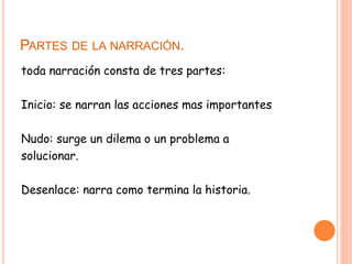 PARTES DE LA NARRACIÓN.
toda narración consta de tres partes:
Inicio: se narran las acciones mas importantes
Nudo: surge un dilema o un problema a
solucionar.
Desenlace: narra como termina la historia.
 