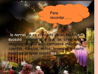 la narración es el relato de un hecho que
sucedió realmente o que se crea en la
imaginación. Con ella, contamos anécdotas,
cuentos, fabulas, mitos, leyendas y hasta
nuestras propias aventuras.
Para
recordar……
 