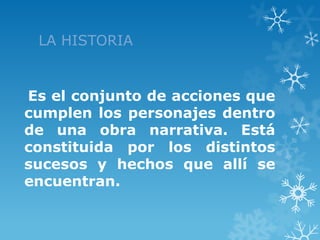 LA HISTORIA


Es el conjunto de acciones que
cumplen los personajes dentro
de una obra narrativa. Está
constituida por los distintos
sucesos y hechos que allí se
encuentran.
 