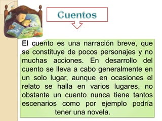 El cuento es una narración breve, que
se constituye de pocos personajes y no
muchas acciones. En desarrollo del
cuento se lleva a cabo generalmente en
un solo lugar, aunque en ocasiones el
relato se halla en varios lugares, no
obstante un cuento nunca tiene tantos
escenarios como por ejemplo podría
          tener una novela.
 