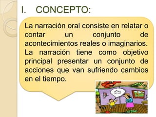 I.   CONCEPTO:
 La narración oral consiste en relatar o
 contar      un       conjunto       de
 acontecimientos reales o imaginarios.
 La narración tiene como objetivo
 principal presentar un conjunto de
 acciones que van sufriendo cambios
 en el tiempo.
 