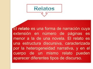 El relato es una forma de narración cuya
extensión en número de páginas es
menor a la de una novela. El relato es
una estructura discursiva, caracterizada
por la heterogeneidad narrativa, y en el
cuerpo de un mismo relato pueden
aparecer diferentes tipos de discurso.
 
