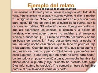 Ejemplo delmurió el amigo
             El niño al que se le
                                  relato
Una mañana se levantó y fue a buscar al amigo, al otro lado de la
valla. Pero el amigo no estaba, y, cuando volvió, le dijo la madre:
"El amigo se murió. Niño, no pienses más en él y busca otros
para jugar." El niño se sentó en el quicio de la puerta, con la
cara en las rodillas. "Él volverá", pensó. Poruqe no podía ser
que allí estuviesen las canicas, el camión y la pistola de
hojalata, y el reloj aquel que ya no andaba, y el amigo no
viniese a buscarlos. [...] El niño se levantó del quicio y se fue
en busca del amigo. [...] Pasó buscándolo toda la noche. Y
fue una larga noche casi blanca, que le llenó de polvo el traje
y los zapatos. Cuando llegó el sol, el niño, que tenía sueño y
sed, estiró los brazos, y pensó: "Qué tontos y pequeños son
esos juguetes. Y ese reloj que no anda no sirve para nada".
Lo tiró todo a un pozo, y volvió a casa, con mucha hambre. La
madre abrió la puerta y dijo: "Cuánto ha crecido este niño,
Dios mío, cuánto ha crecido". Y le compró un traje de hombre
porque el que llevaba le venía muy corto.
 