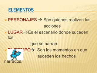 ELEMENTOS 
 PERSONAJES  Son quienes realizan las 
acciones 
 LUGAR Es el escenario donde suceden 
los 
que se narran. 
 EL TIEMPO Son los momentos en que 
suceden los hechos 
narrados. 
 