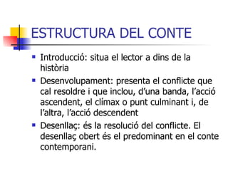 ESTRUCTURA DEL CONTE Introducció: situa el lector a dins de la història Desenvolupament: presenta el conflicte que cal resoldre i que inclou, d’una banda, l’acció ascendent, el clímax o punt culminant i, de l’altra, l’acció descendent Desenllaç: és la resolució del conflicte. El desenllaç obert és el predominant en el conte contemporani.   