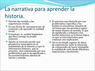 La narrativa para aprender la
historia.
 Permite dar sentido a las
experiencias vividas.
 Es una forma de interpretacion, de
construir y de aprender la realidad
social.
 Constituye la unidad lingüística
que lleva consigo su propio
contexto
 Aporta al curriculo escolar una
perspectiva renovadora en el
tratamiento de la historia ya que la
informacion historica que se
presenta, esta cohesionada por una
problemática que le da significado a
los acontecimientos ademas de
interes y sentido.
 El universo esta limitado por una
problemática especifica y los
hechos se encuentran situados de
tal forma que nos permiten captar
de mejor manera su sentido, lo que
da significado y cohesion a los
hechos historicos ,es la forma lógica
en que se interrelacionan para
construir una explicacion.
 No es un simple registro de datos
de experiencias, tiene la intención
de comprender,de hacer intelegible
la realidad,de verla desde diferentes
experiencias y horizontes.
 