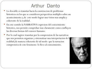 Arthur  Danto Lo deseable es transitar hacia la construccion de problemas historicos en los que se consideren perspectivas multiples sobre un acontecimiento y,de  este modo lograr una vision mas amplia y coherente de la realidad. En este sentido la NARRATIVA expresion del conocimiento historico, nos permite comprobar mas claramente como confluyen las diversas formas del conocer humano. Por lo cual sugiere transitar por la comprension de las narrativas que nos permiten organizar y sistematizar una interpretacion de la realidad,de manera coherente de tal modo  que la narracion comprensiva de este fenomeno  lo lleve al conocimiento. 