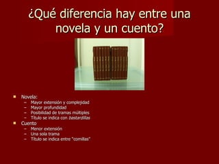 ¿Qué diferencia hay entre una
             novela y un cuento?




   Novela:
     –   Mayor extensión y complejidad
     –   Mayor profundidad
     –   Posibilidad de tramas múltiples
     –   Título se indica con bastardillas
   Cuento
     –   Menor extensión
     –   Una sola trama
     –   Título se indica entre “comillas”
 