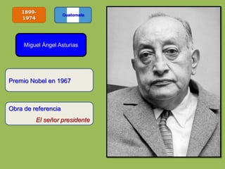 1899-
1974
Miguel Ángel Asturias
Obra de referencia
El señor presidente
Premio Nobel en 1967
 