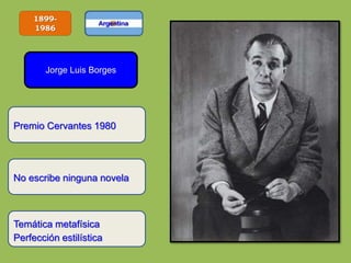 1899-
1986
Jorge Luis Borges
No escribe ninguna novela
Premio Cervantes 1980
Temática metafísica
Perfección estilística
 