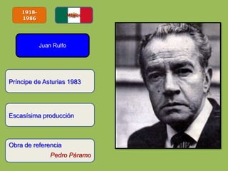 1918-
1986
Juan Rulfo
Escasísima producción
Príncipe de Asturias 1983
Obra de referencia
Pedro Páramo
 