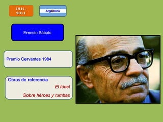 1911-
2011
Ernesto Sábato
Obras de referencia
El túnel
Sobre héroes y tumbas
Premio Cervantes 1984
 