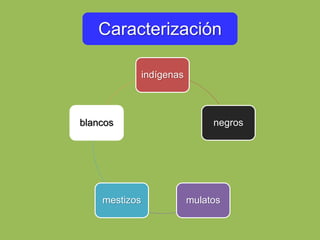Caracterización
indígenas
negros
mulatosmestizos
blancos
 