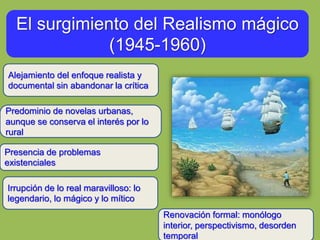 El surgimiento del Realismo mágico
(1945-1960)
Alejamiento del enfoque realista y
documental sin abandonar la crítica
Predominio de novelas urbanas,
aunque se conserva el interés por lo
rural
Presencia de problemas
existenciales
Irrupción de lo real maravilloso: lo
legendario, lo mágico y lo mítico
Renovación formal: monólogo
interior, perspectivismo, desorden
temporal
 