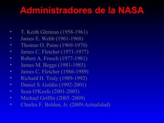 Administradores de la NASA

•   T. Keith Glennan (1958-1961)
•   James E. Webb (1961-1968)
•   Thomas O. Paine (1969-1970)
•   James C. Fletcher (1971-1977)
•   Robert A. Frosch (1977-1981)
•   James M. Beggs (1981-1985)
•   James C. Fletcher (1986-1989)
•   Richard H. Truly (1989-1992)
•   Daniel S. Goldin (1992-2001)
•   Sean O'Keefe (2001-2005)
•   Michael Griffin (2005–2009)
•   Charles F. Bolden, Jr. (2009-Actualidad)
 