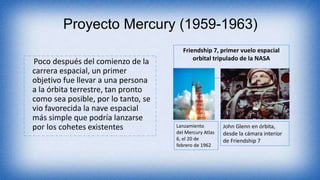 Proyecto Mercury (1959-1963)
Poco después del comienzo de la
carrera espacial, un primer
objetivo fue llevar a una persona
a la órbita terrestre, tan pronto
como sea posible, por lo tanto, se
vio favorecida la nave espacial
más simple que podría lanzarse
por los cohetes existentes
Friendship 7, primer vuelo espacial
orbital tripulado de la NASA
Lanzamiento
del Mercury Atlas
6, el 20 de
febrero de 1962
John Glenn en órbita,
desde la cámara interior
de Friendship 7
 