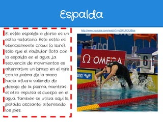 Espalda
                                   http://www.youtube.com/watch?v=zSXUH3UtBos
El estilo espalda o dorso es un
esti...